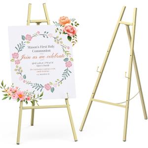 Gold Metal Easel Stand 46.7", Heavy Duty Floor Display Easel, Adjustable 4-Tier with Chain Support, Wedding Welcome Sign Holder, Poster Stand, Easy to Assemble, Assembly Required (1 Pack)