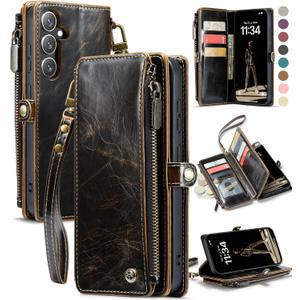 Defencase Compatible with Samsung Galaxy S24 FE Case Wallet with RFID Blocking Card Holder for Women Men, PU Leather Magnetic Snap Flip Zipper Strap Wallet Phone Case for Galaxy S24 FE 5G 6.7", Coffee
