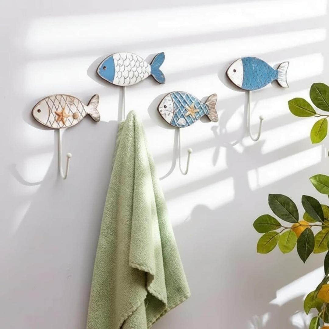 Weysat 4 Pcs Nautical Sea Fish Wall Hooks Blue Fish Wall Mounted Key Holder Vintage Nautical Bathroom Decor Summer Rustic Decorative Hook for Living Room Bathroom