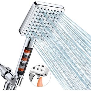 MakeFit Filtered Shower Head - 6 Modes High Pressure Handheld Shower Head with Filter Mineral Beads, Detachable Handheld Showerhead Set with Stainless Steel Hose and Shower Arm Bracket (Chrome)