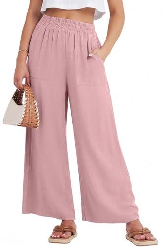 GRECERELLE Wide Leg Pants for Women Womens Cotton Summer Palazzo Pants Pink-L Sweet Blush Pink Palazzo Pants for Cute Romantic Date Brunch Casual Feminine Soft Summer Style, Size L