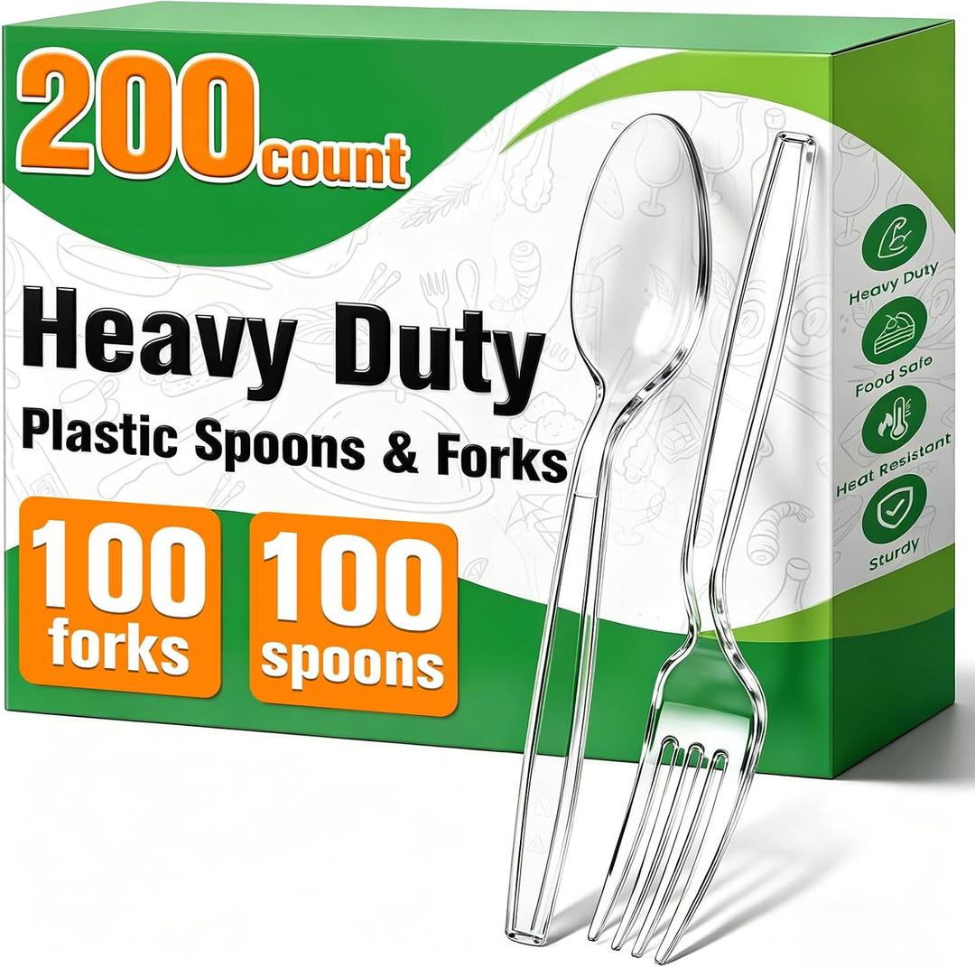 200 Count Plastic Silverware Heavy Duty,Clear Plastic Forks and Spoons, 100 Spoons & 100 Forks,BPA-Free,Heat Resistant Disposable Cutlery Utensil Set for Catering & Events, Daily Use