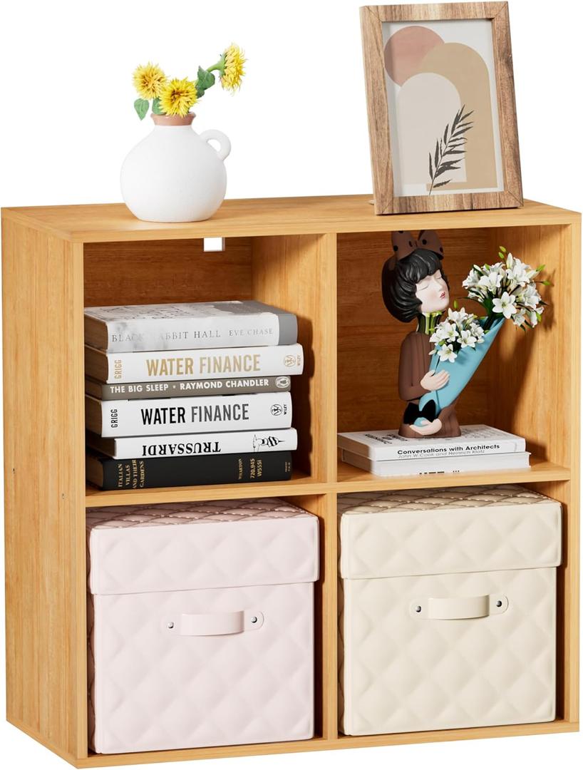 Wood 4 Cube Storage Organizer, 11 in Cube Shelf, Oak Cubby Storage Organizer with Back Panel & Open Compartments, Cube Bookshelf Bookcase for Living Room, Bedroom, Entryway