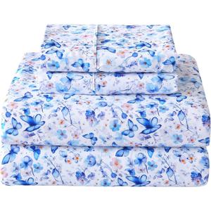Softan King Floral Sheets, Microfiber Blue Flower Printed Fitted Sheets with Non-Slip Corner Straps and 15" Deep Pocket, Butterfly Patterned Cozy King Bed Sheets & Pillowcase Sets