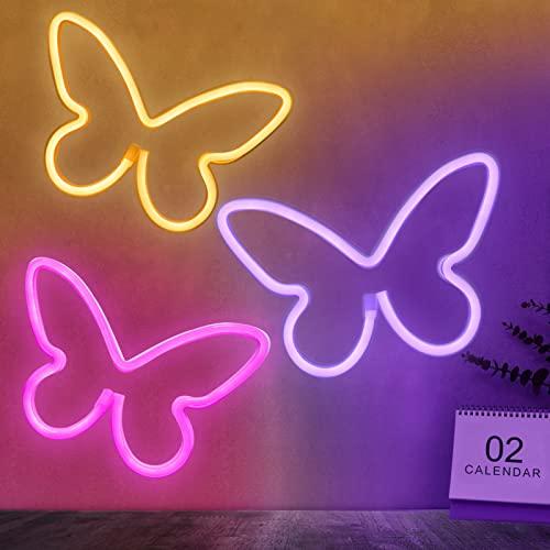 BRIGHTDECK 3 Pcs Butterfly Neon Signs, Neon Light for Bedroom, USB or 3-AA Battery Powered LED Wall Décor for Valentines Day Birthday Gift, Wedding, Party, Home Decor (Pink, Purple, Warm white) 2Pack