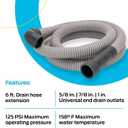Eastman 6 Foot Dishwasher Drain Hose, Fit with 5/8 Inch, 7/8 Inch, or 1 Inch OD Drain Outlet, 90 Degree Rubber Elbow, Corrugated, Gray Polypropylene, 91227