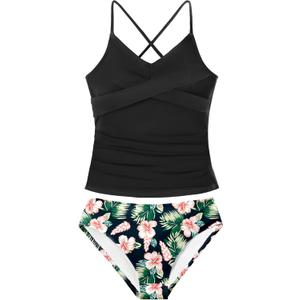 Girls Swimsuit Tankini Criss Cross Ruched 2 Piece Bathing Suit Printed Girl Swimwear for Teens 9-16Y (11-12 Years, Black)