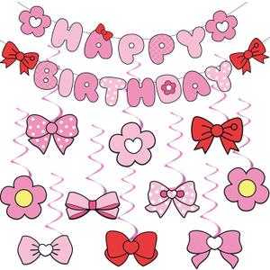 Pink Bow Birthday Party Decorations Bow Happy Birthday Banners Pink Hanging Swirl Cartoon Cat Theme Party Supplies Cute Bowknot Cutout Streamers for Girls Baby Shower Coquette Bachelorette Party Decor