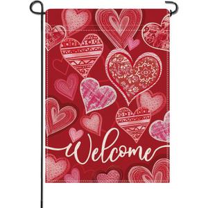 Artofy Welcome Valentines Day Small Decorative Garden Flag, Red Love Heart Yard Lawn Outside Decor, Anniversary Wedding Burlap Outdoor Home Decoration Double Sided 12 x 18