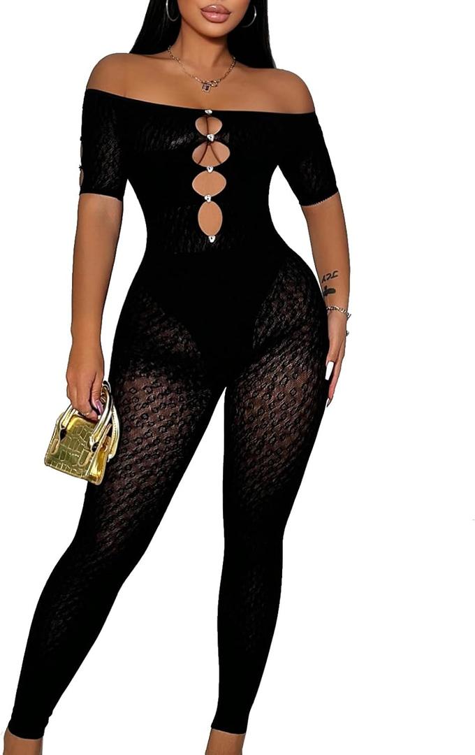WEICHUJIAN Women Sexy See through Hollow Mesh Leopard Print Rhinestone Club Short Sleeve Bodycon Jumpsuit (Black, XL)