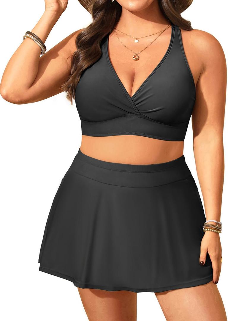 Women's Plus Size High Waisted Bikini - Two Piece Swimsuit with Skirt 2025 Tummy Control Bathing Suit with Pocket (Black)
