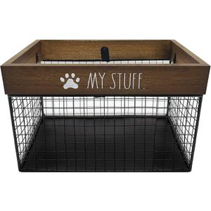 Rae Dunn Pet Toy Storage Bin - Metal and Wood Organizer for Dog Toys, Treats, Leashes - Cat Toy Basket Container - Dark Wood