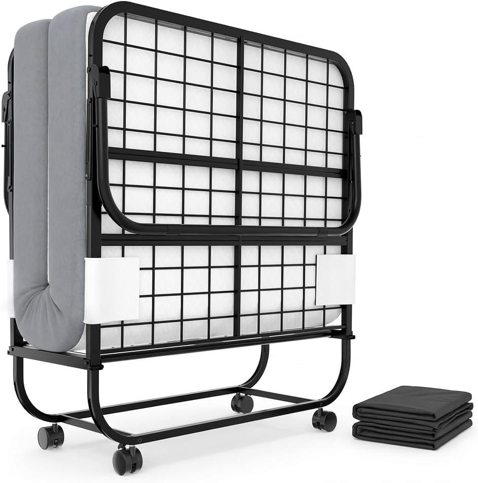 Rollaway Bed with Mattress for Adults, Folding Bed with Memory Foam Mattress and Sturdy Metal Frame, Cot Size Portable Guest Bed on Wheels with Storage Cover, 75” x 31” | Washable Cover, Lockable Wheels
