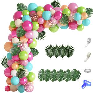 124Pcs Tropical Balloons Arch Garland Kit, Green Hot Pink Rose Gold Confetti Balloons Palm Leaves for Tropical Hawaiian Aloha Luau Flamingo Birthday Party Baby Shower Wedding Decorations