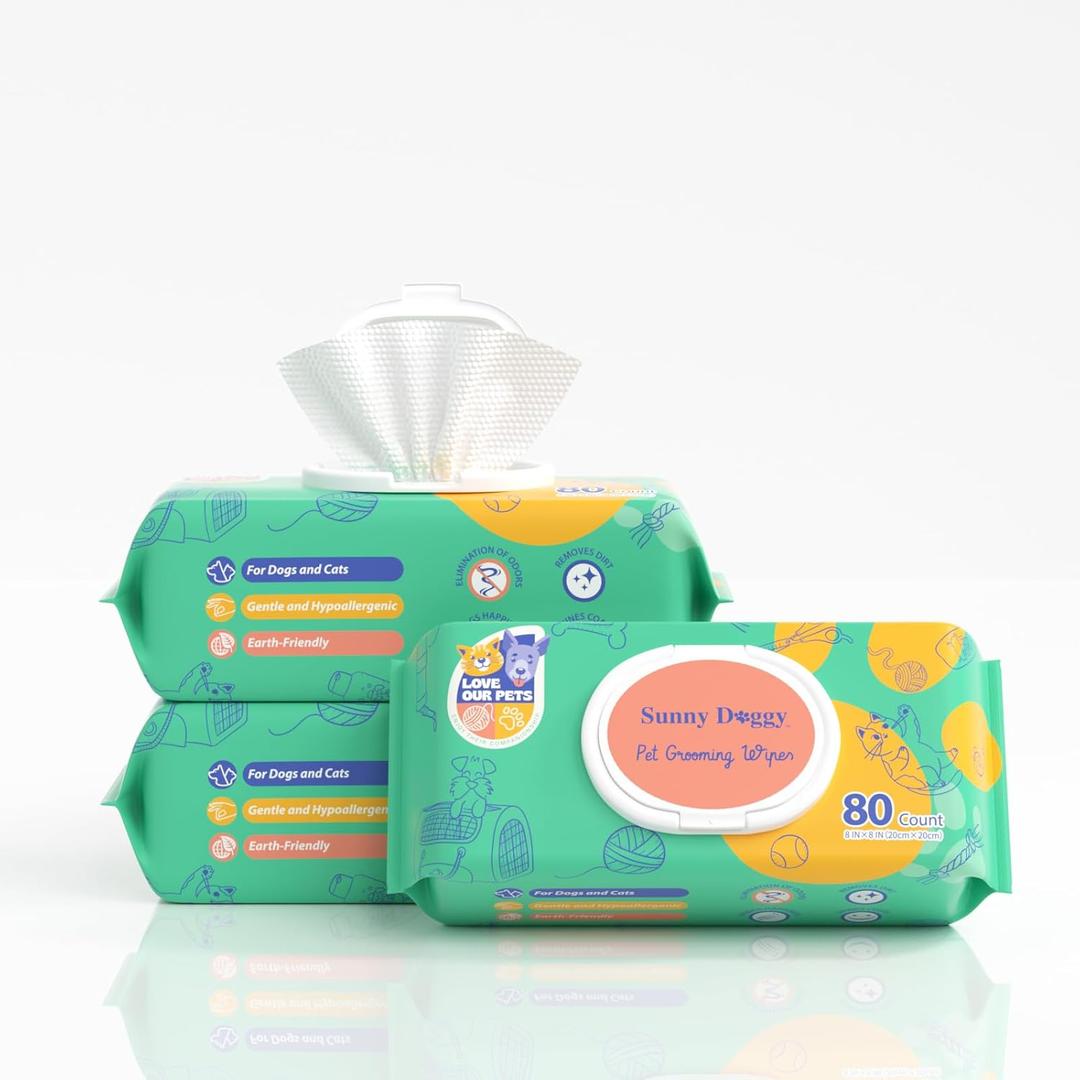 Pet Wipes 240 Count, Dog Wipes Cleaning Deodorizing Cat Wipes, 8 x 8 Inch Dog Grooming Wipes for Butt Paws Ear Eyes and Body, Pack of 3