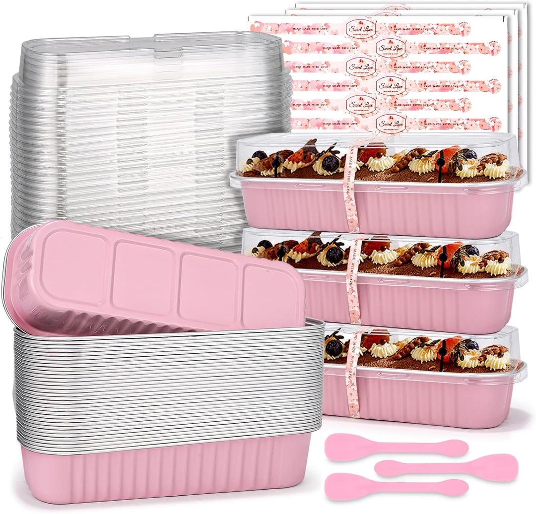 100 Pack Mini Loaf Pans with Lids and Spoons 6.8oz Cake Pans for Baking Disposable Aluminum Foil Loaf Pans Muffin Pans with Sealing Sticker for Baking Party Picnics Holidays