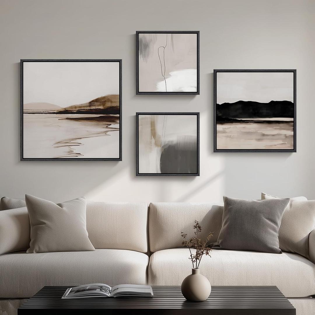 Framed Neutral Abstract Wall Art for Living Room, Set of 4 Piece Modern Landscape Canvas Artworks, Minimalist Black and Gray Painting Prints for Bedroom Dining Room Hallway Home Office Wall Decor, 32" H x 60" W