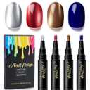 Nail Polish Pen Set 4 Colors | Silvery Red Brown Blue | Quick Dry Nail Art Pens | No UV Lamp Needed | Water Based Nail Art Paint | Easy Control Brush Tip for Women DIY Manicure | 5ML Each