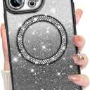 Bonoma Compatible with iPhone 14 Pro Max Case Support for MagSafe, Plating Diamond Glitter Magnetic 2* Screen Protector Camera Protection Back Cover for Girls Women -Black