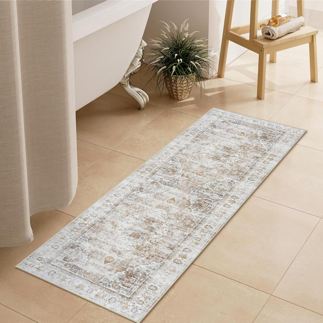Uphome Bathroom Rugs Runner, Distressed Farmhouse Boho Light Khaki Bath Mat, Non Slip Washable Long Bath Rugs, Vintage Traditonal Soft Velvet Bathroom Runner for Bathtub Sink Shower, 18x47 inch