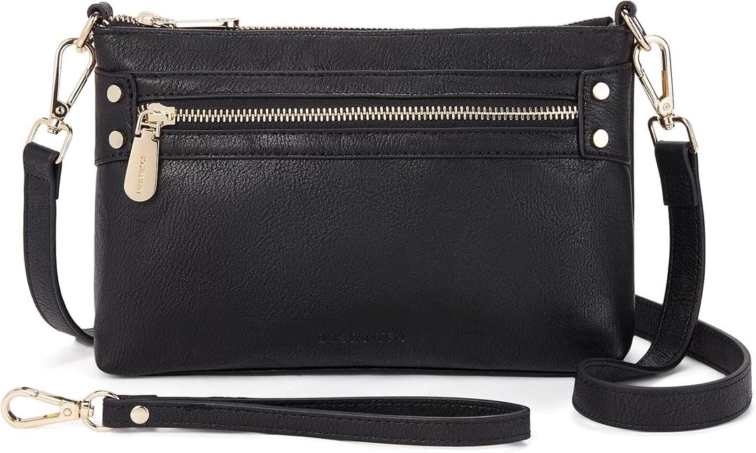 BOSTANTEN Small Crossbody Purse Leather Wristlet Purses for Women with Zipper Pocket Casual Clutch Bags (A-black-wide Bottom)
