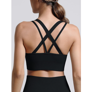 Strappy Sports Bras for Women, Scoop Neck Medium Support Yoga Bra Seamless Criss Cross Longline High Impact Workout Bras, Large