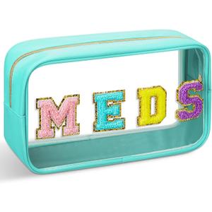 Geetery Chenille Letter Bag Nylon Makeup Bag Portable Bag Makeup Cases Preppy Patch Makeup Bag with Zipper Cosmetic Toiletry Storage Bag for Women(Green,Cute MEDS)