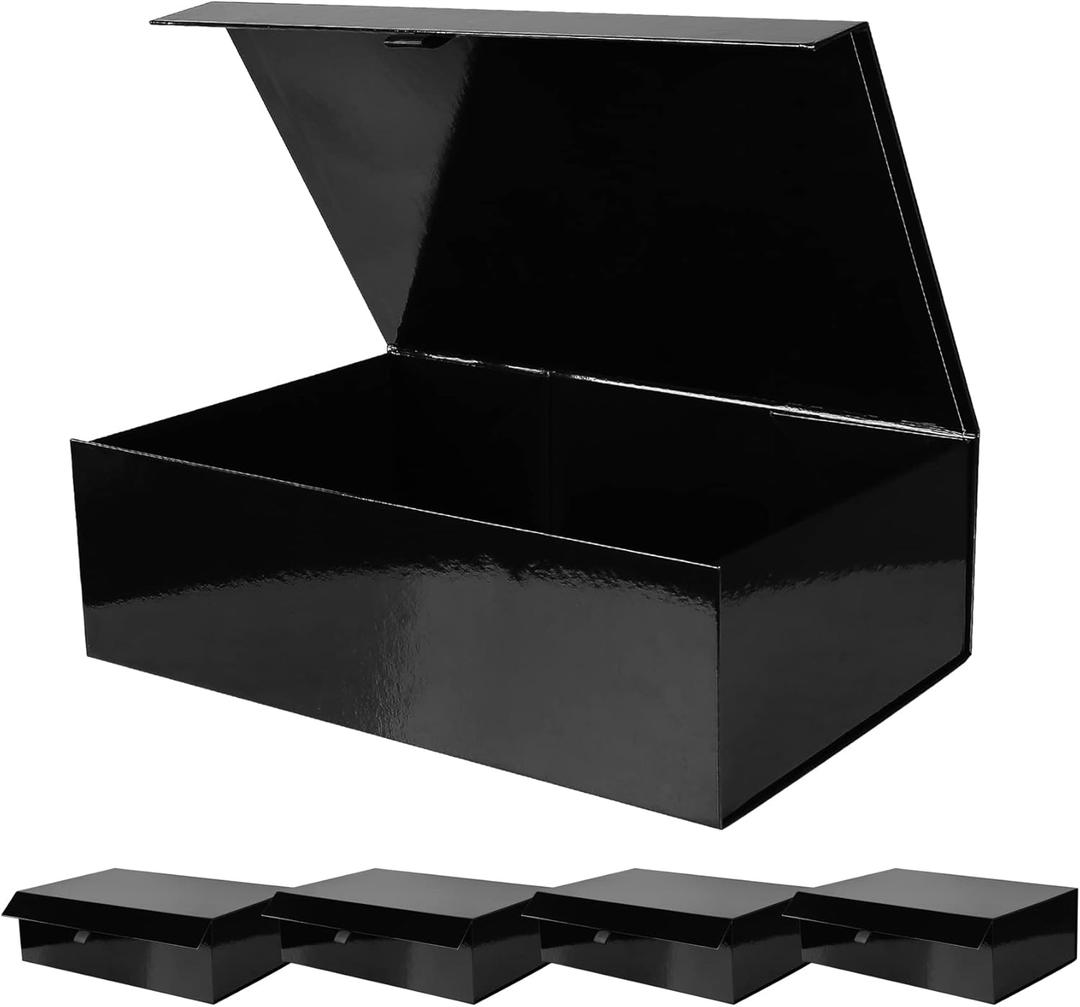 Aimyoo 5 Pack Black Collapsible Gift Box with Magnetic Closure Lids & Rope for Easy Opening 13.8x9x4.3, Bridesmaid Groomsman Proposal Boxes, Rectangle Storage Present Boxes