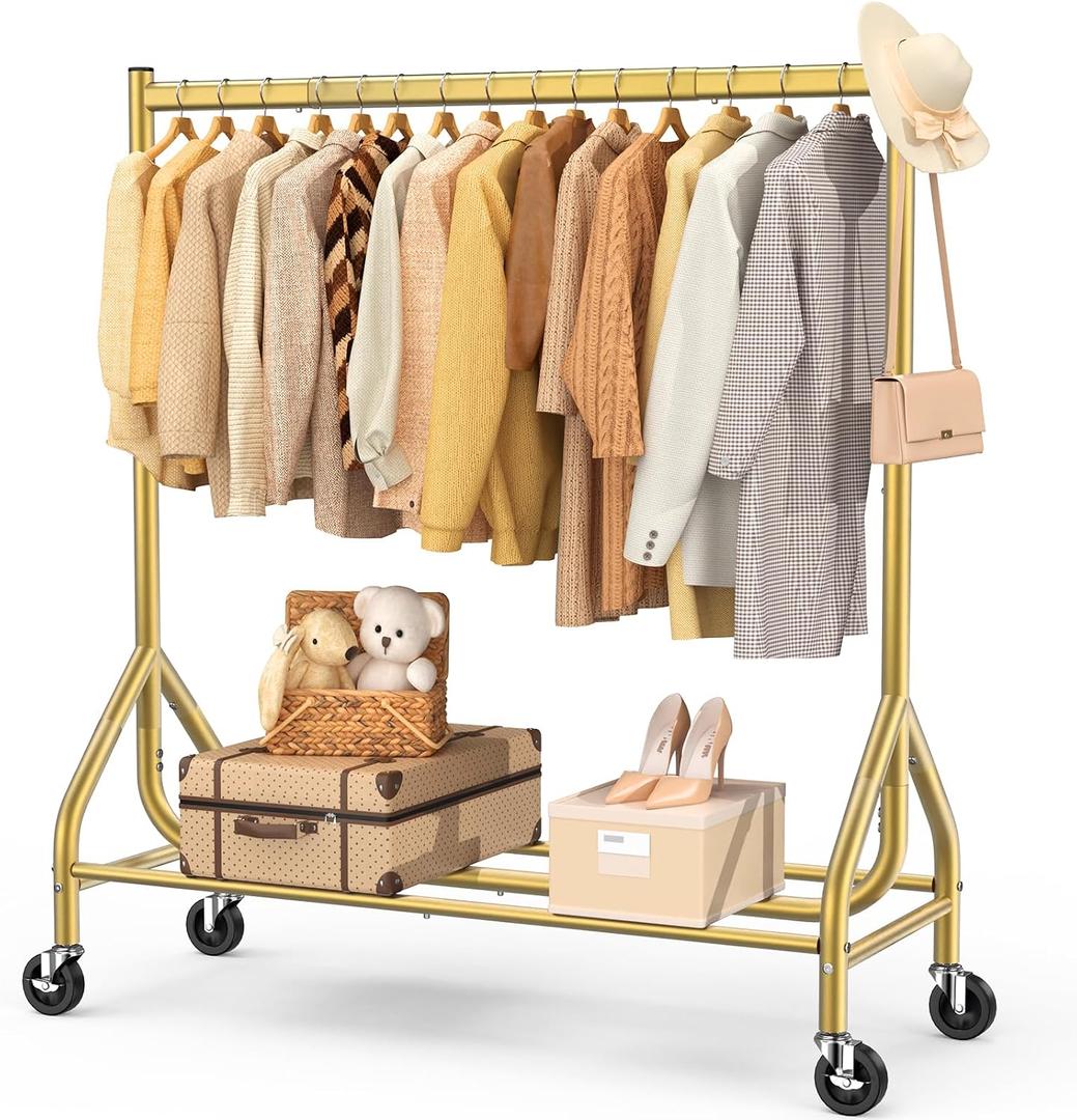 EAGMAK Heavy Duty Clothes Rack Load 420 LBS, Rolling Garment Rack with Lockable Wheels, Standing Metal Clothing Rack, Portable Wardrobe Sturdy Coat Rack for Hanging Clothes (Gold, 47.218.963)