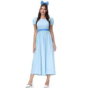 Halloween Women Adult Peater Pan Darling Cosplay Costume Short Puff Sleeve Princess Blue Maxi Dress with Bow Belt XS