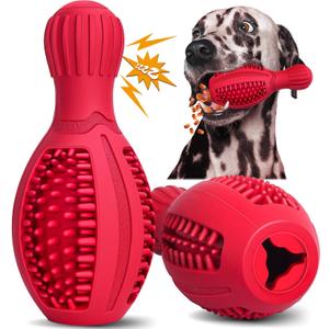 Treat Dispensing Puzzle Dog Toy - Interactive Chew Toys for Aggressive Chewers, Durable Rubber with Squeaker & Mental Stimulation for Large Medium Small Dogs Breeds (Red Bowling Pins)