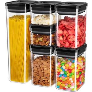 MR.SIGA 6 Piece Airtight Food Storage Container Set, BPA Free Kitchen Pantry Organization Canisters, One-handed Kitchen Storage Containers for Cereal, Spaghetti, Pasta, Black