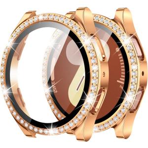 Goton Bling Case Designed for Samsung Galaxy Watch 7 Screen Protector 40mm Accessories - Glitter Diamond Protective Face Cover with Tempered Glass Film (Rose Gold)