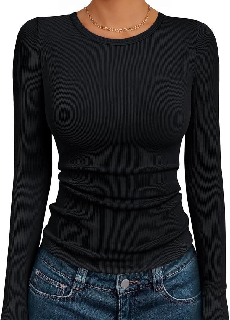 AUTOMET Women's Ribbed Long Sleeve Basic Top - Soft Stretch Crewneck Shirt for Work & Casual (XS)