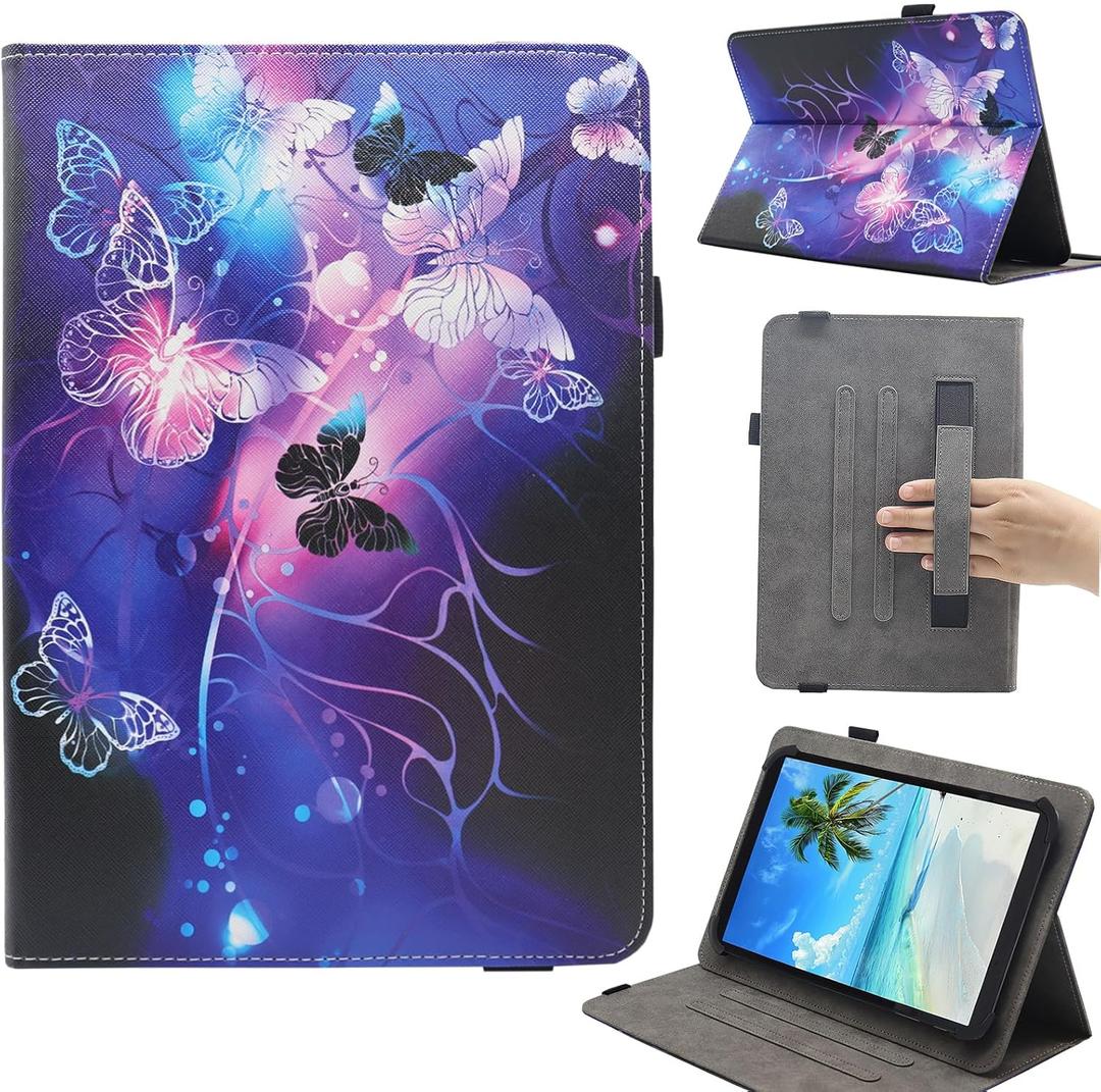 Universal 7 8 Inch Android Tablet Case, Dluggs Multi-Angle Viewing Stand Case Cover with Hand Strap for 7.0-8.5 Inch Tablet, 01 Purple Butterfly