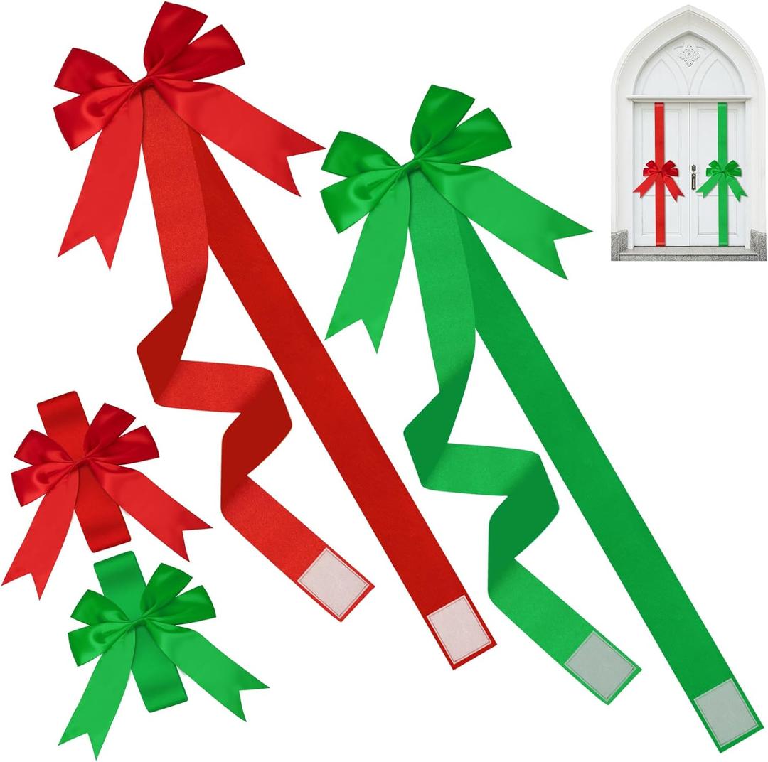 8 Pcs Large Christmas Cabinet Door Bows and Ribbons 78 Inch Christmas Door Cabinet Bows for Gifts Xmas Holiday Furniture Kitchen Party Decorations (Burgundy, Green)