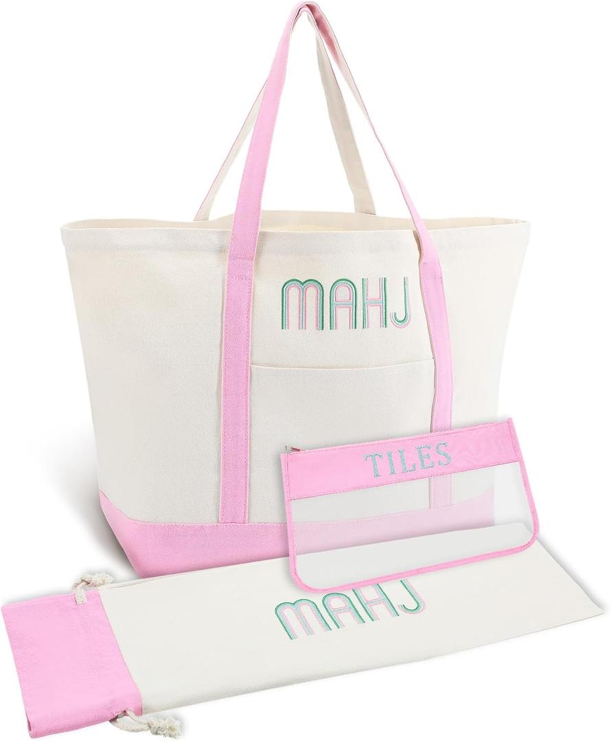 3 Pcs Empty Mahjong Canvas Bag Gift Embroidered American Mahjong Set Incl Tiles Bag and Racks & Pushers Drawstring Bags(Light Pink,Regular)