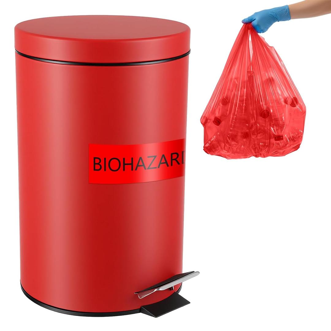 Geiserailie 1 Set 1.32 Gallon,Stainless Steel Biohazard Trash Can with Foot-Operated Self-Closing Lid, with Biohazard Labels and Bags for Lab Medical Hospitals Industrial Infectious Waste Disposal