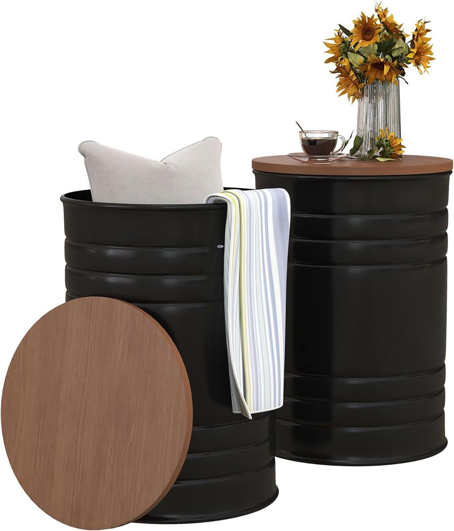 HOMCOM Nesting End Table Set of 2, Round Storage Ottoman Stool with Removable Wood Lid, Metal Frame & Hidden Space, Farmhouse Side Table for Living Room, Black