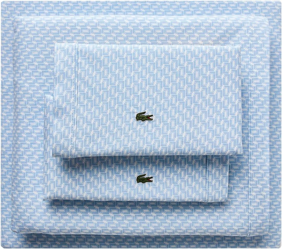 Lacoste Mini Geo Logo 100% Percale Cotton 4-Piece Sheet Cool, Crisp, Matte, and Durable, Oeko-Tex Certified Print, Open Air, Queen