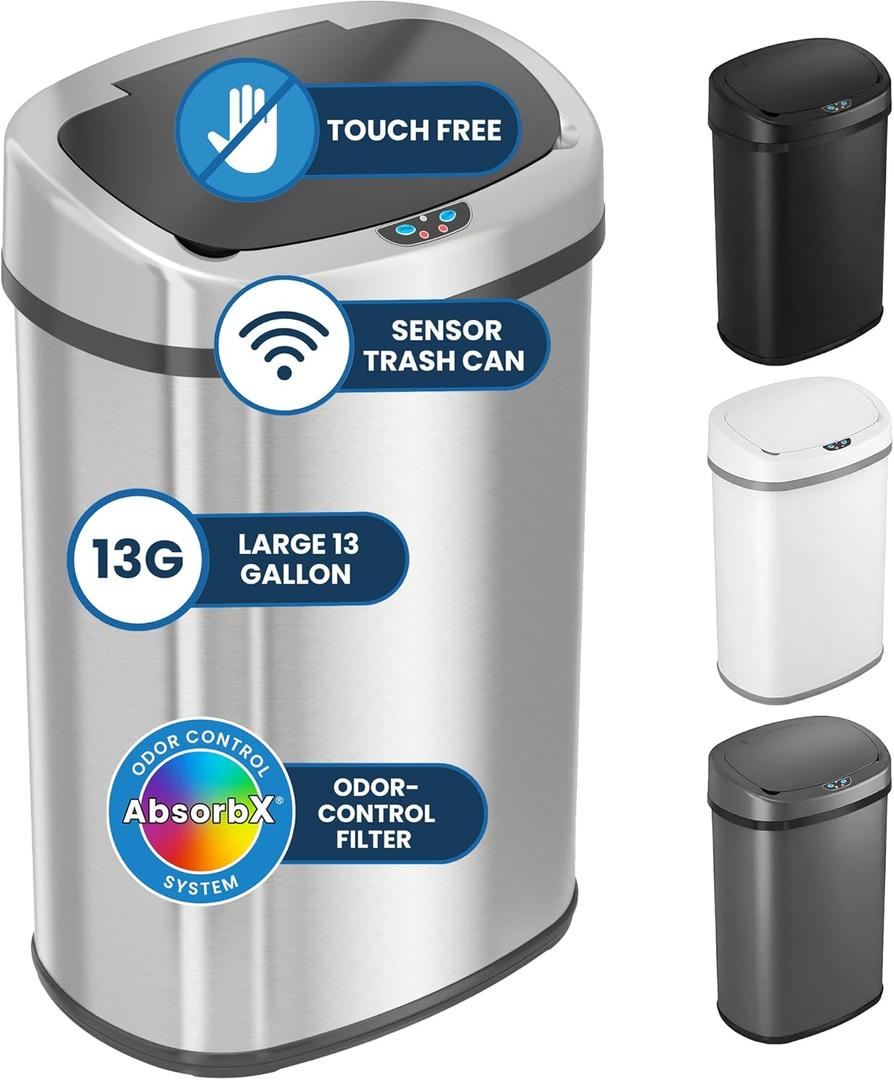 iTouchless 13 Gallon Oval Sensor Trash Can with Odor Filter, 50 Liter Automatic Kitchen Garbage Bin, Fingerprint-Proof Stainless Steel, Smart Hands-Free Motion Lid, Quiet Soft-Close, Brushed Silver (Light Silver, Black)