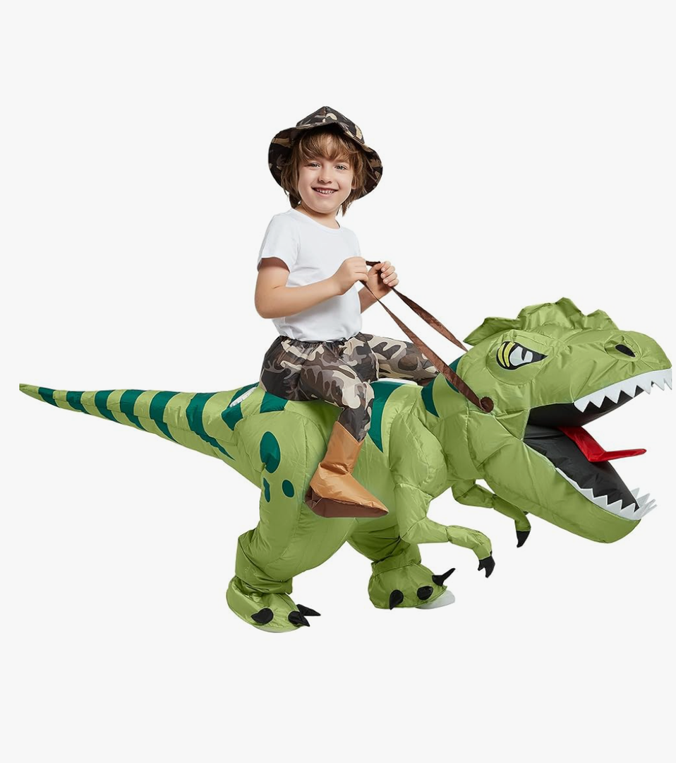 One Casa Inflatable Dinosaur Costume Riding T Rex Air Blow up Funny Fancy Dress Party Halloween Costume for Kids 2-3Y, Green