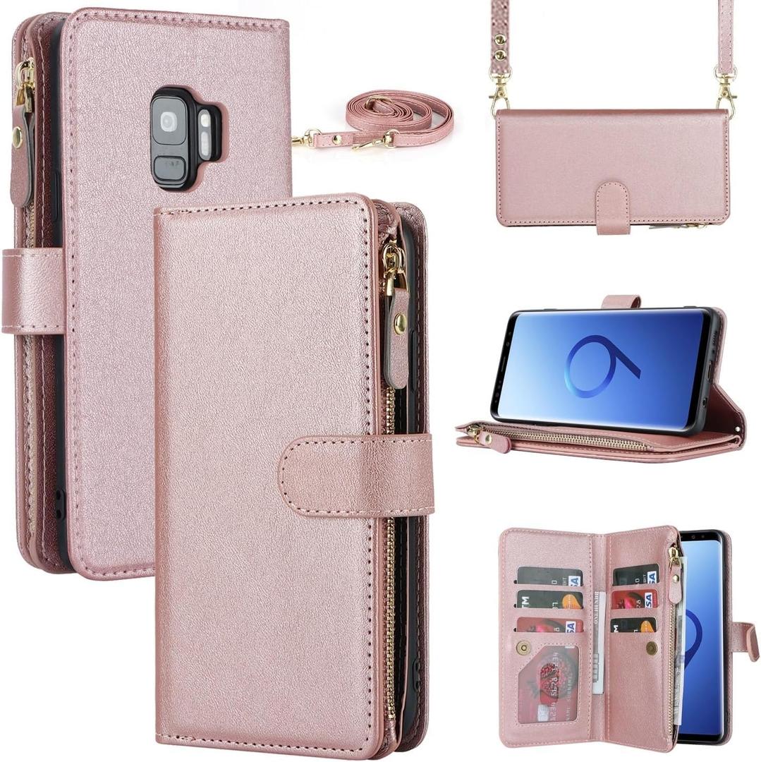 iCoverCase for Samsung Galaxy S9 Wallet Case with Card Holder for Women, Crossbody Lanyard Strap Kickstand PU Leather Case with Zipper Pocket Credit Card Slots Cover (Rose Gold)