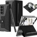 DEMCERT for Samsung Galaxy Z Fold 6 Case with S-Pen Slot, Full Body Protective, [Removable Pen Slot], Anti-Scratch Hard Slim Leather Bracket Case with Screen Protector (Carbon Fibre)