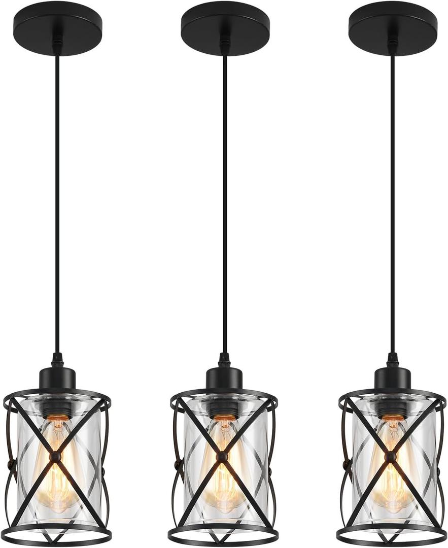 3 Lights Industrial Pendant Light with Glass Shade Matte Black Pendant Lighting Adjustable Industrial Retro Style Hanging Light,Kitchen Island Farmhouse Pendant Lights Fixtures for Kitchen,Farmhouse