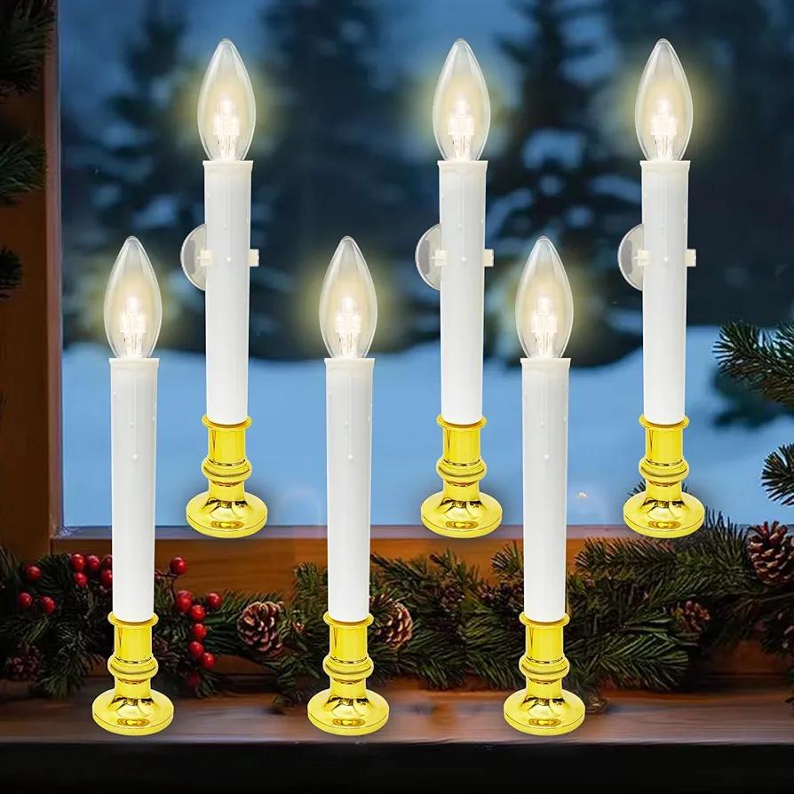 Battery Operated Christmas Window Candles with Timer, 6 Pack 10.5" LED Flameless Candles for Windows, Brass Base Candle Lights, Battery Powered Window Candles with Suction Cups