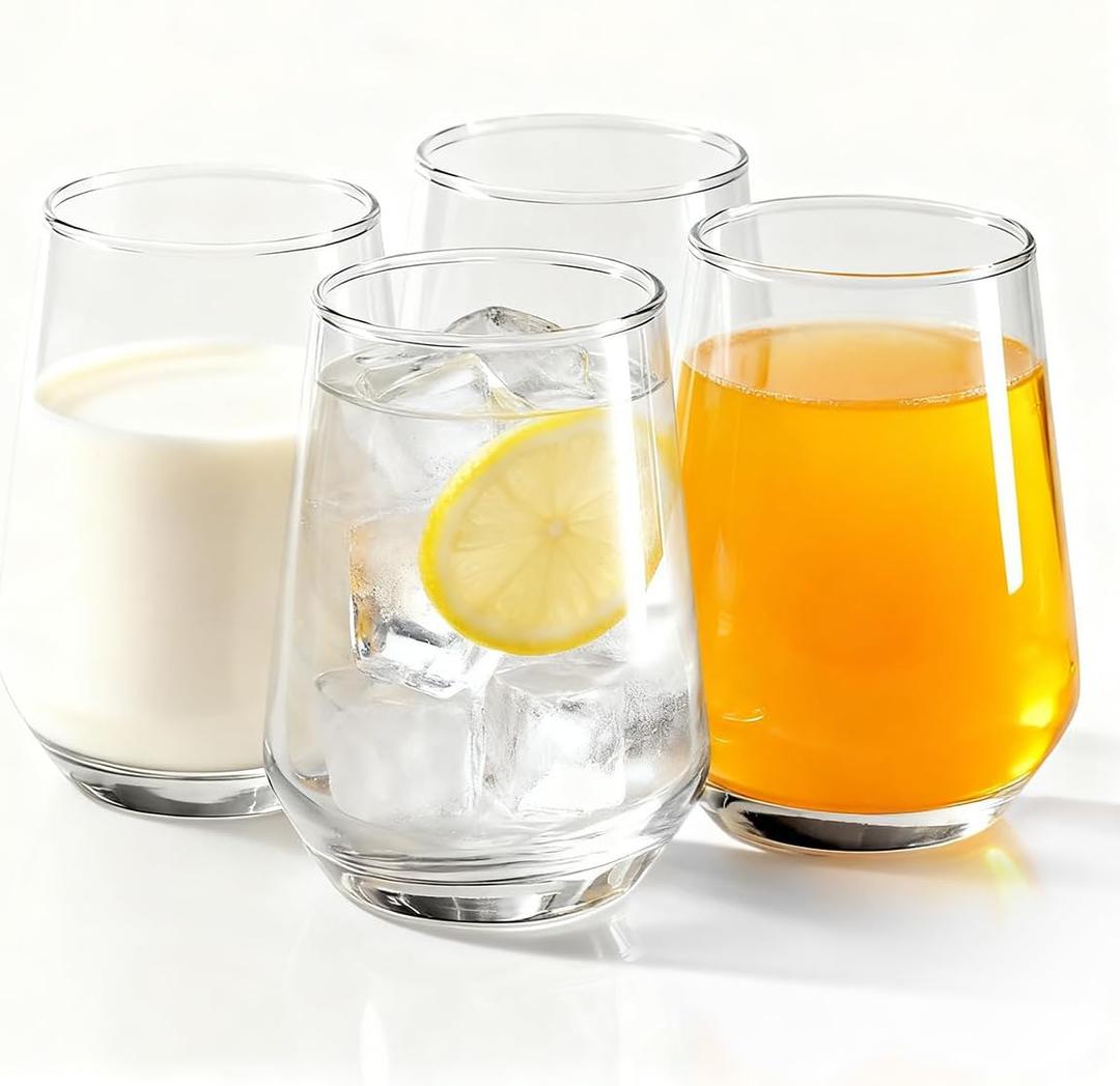 Modern Glass Drinking Cups Set, Clear Crystal Stemless Tumblers, 13.2 oz Capacity, 4.53 inch Height, 4 Pack (Transparent glass cup) Kitchen Water Iced Tea Juice Milk Beverage Glass
