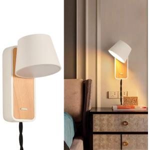 Modern Wall Lamp with Plug in Cord for Bedrooms Hallway Living Room, Indoor Contemporary Mounted Lighting Fixture,Nordic Bedside Rotatable Reading Lights, Up Down White Wooden Sconces with Switch