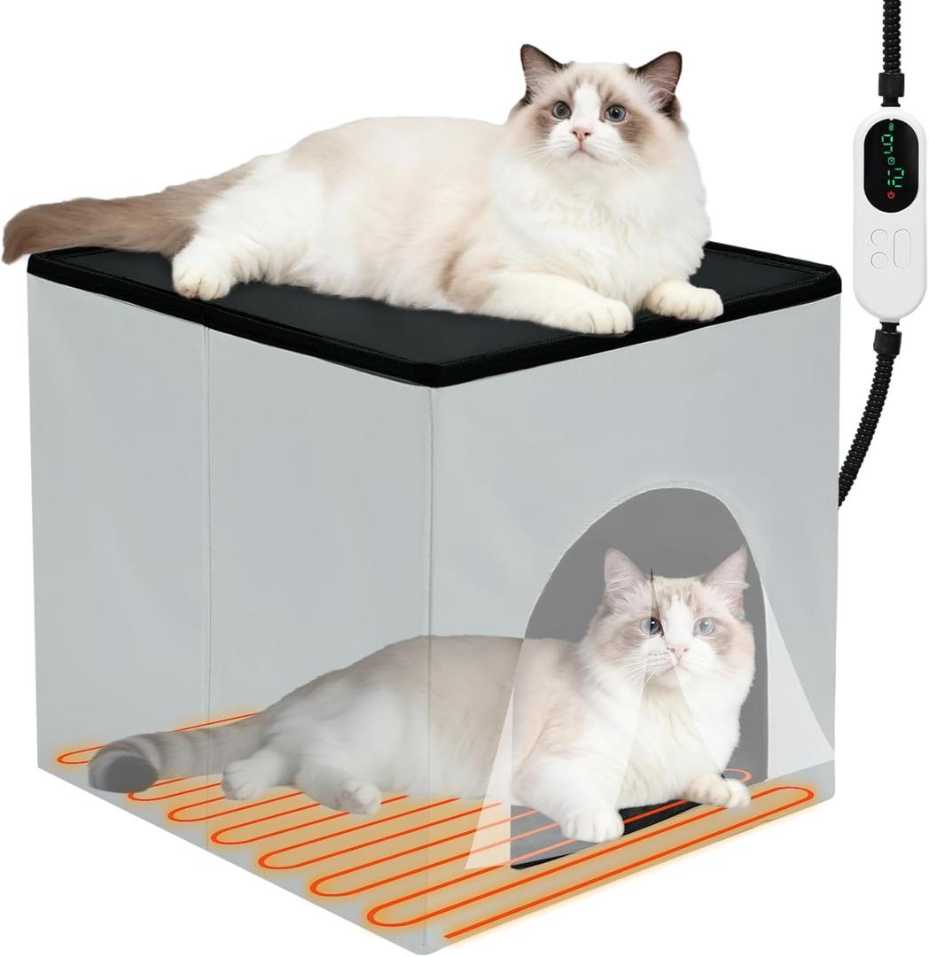 Heated Cat House for Indoor/Outdoor, Foldable Heated Cat Bed with Heating Pad, Adjustable Temp&Timing, Waterproof Cube Warming Cats Cave Bed for Indoor Kitty Puppy Small Pet Hideaway in Winter