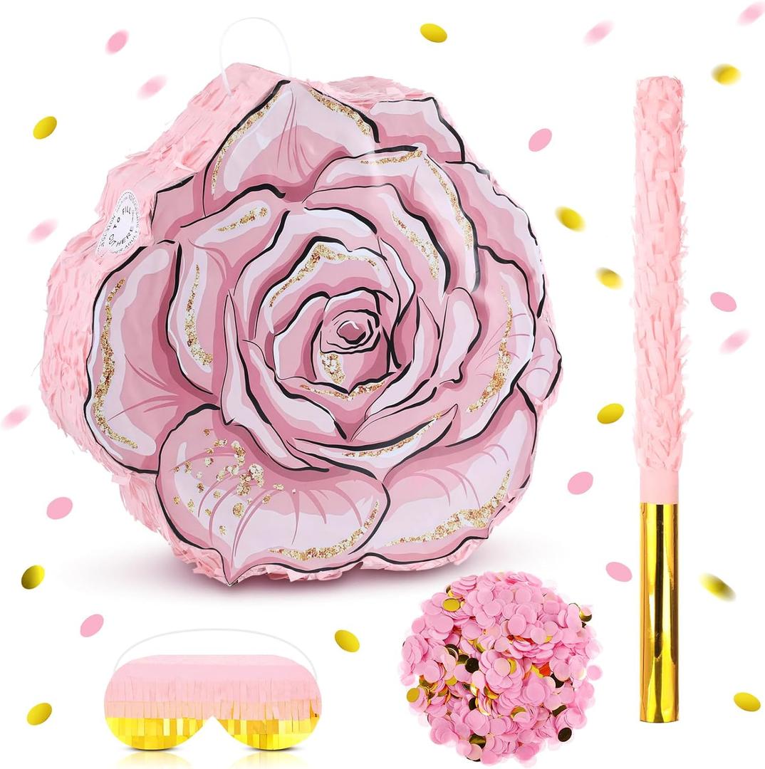 Pink Flower Piata Set with Blindfold Bat and Confetti Floral Piata Girls Party Game for Graduation Birthday Baby Shower Gender Reveal Wedding Party (16.54 x 15.75 Inches)